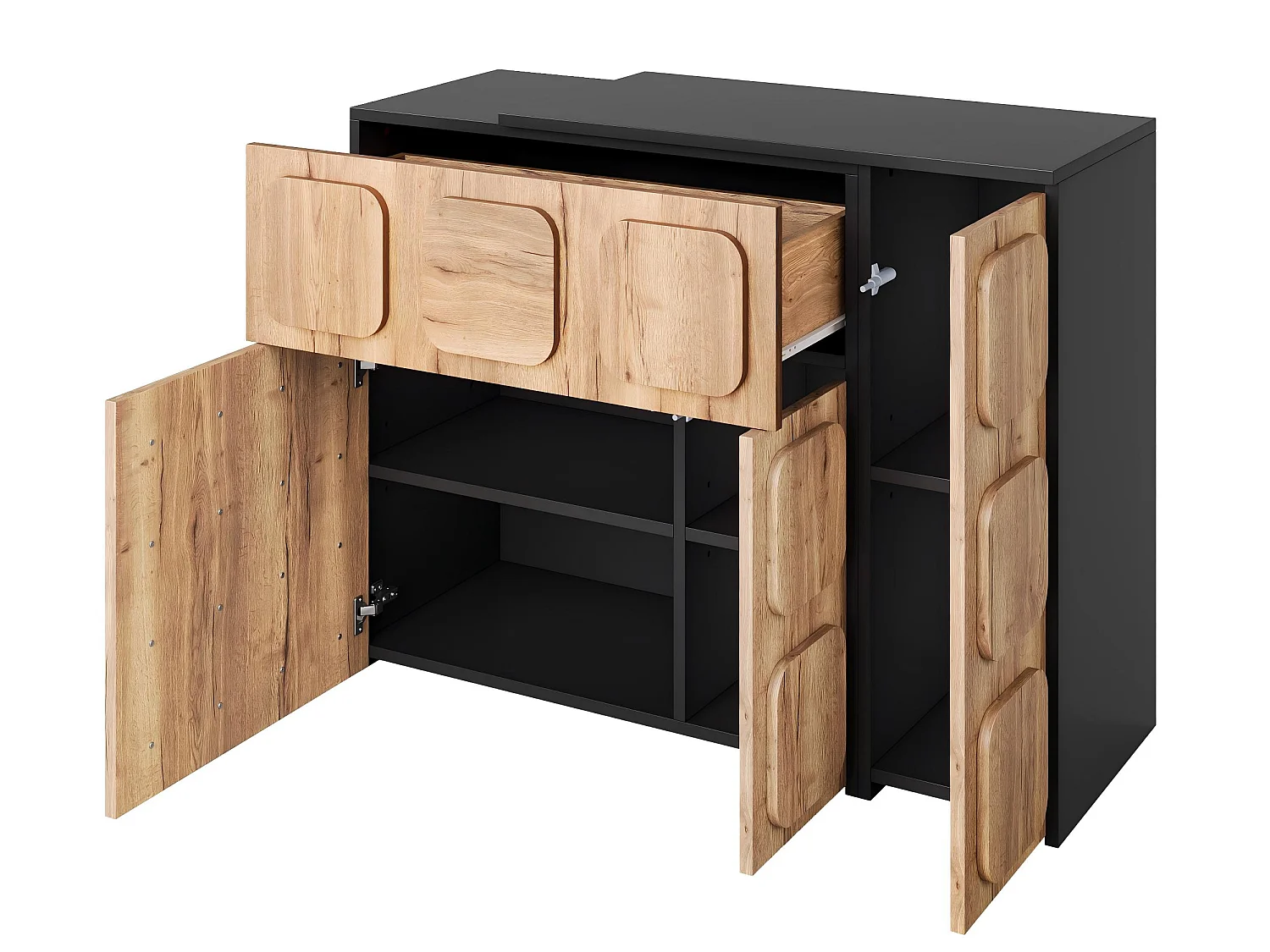 Buffet Commode Extensible 107,5-158,5cm - Meuble de Rangement Modulaire avec Système Push-To-Open, Tiroirs et Niches
