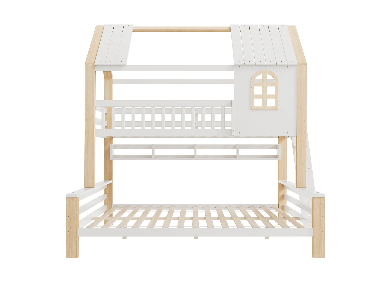 Lit Cabane Superposé Enfant - Lit Cabane Double 140x200 et 90x200 en Bois avec Fenêtre, Barrières de Sécurité et Échelle, Meuble Gain de Place