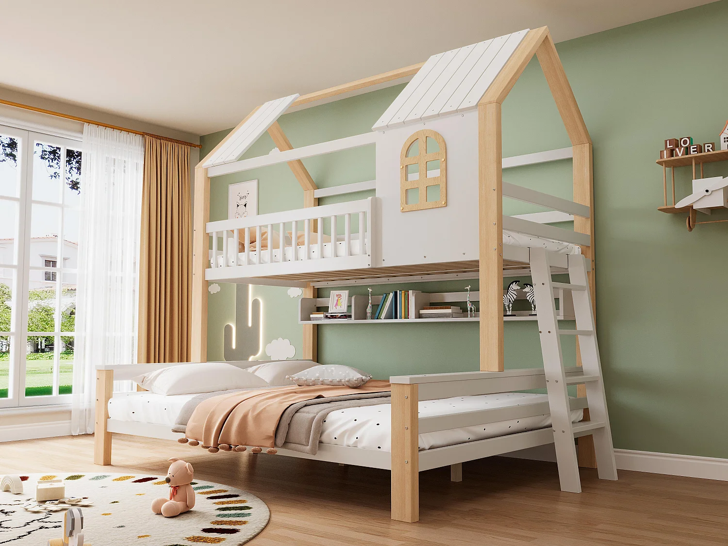 Lit Cabane Superposé Enfant - Lit Cabane Double 140x200 et 90x200 en Bois avec Fenêtre, Barrières de Sécurité et Échelle, Meuble Gain de Place