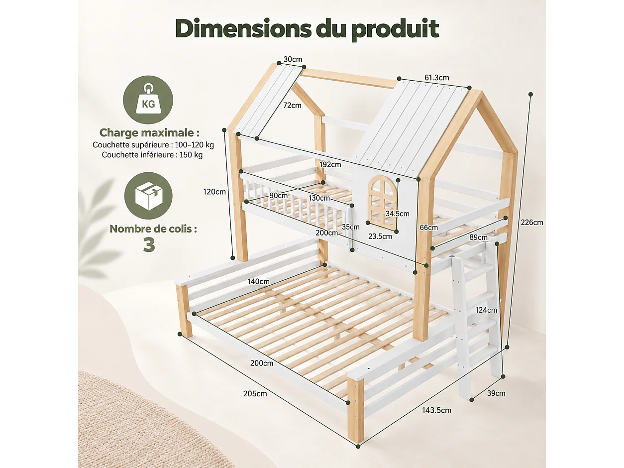 Lit Cabane Superposé Enfant - Lit Cabane Double 140x200 et 90x200 en Bois avec Fenêtre, Barrières de Sécurité et Échelle, Meuble Gain de Place