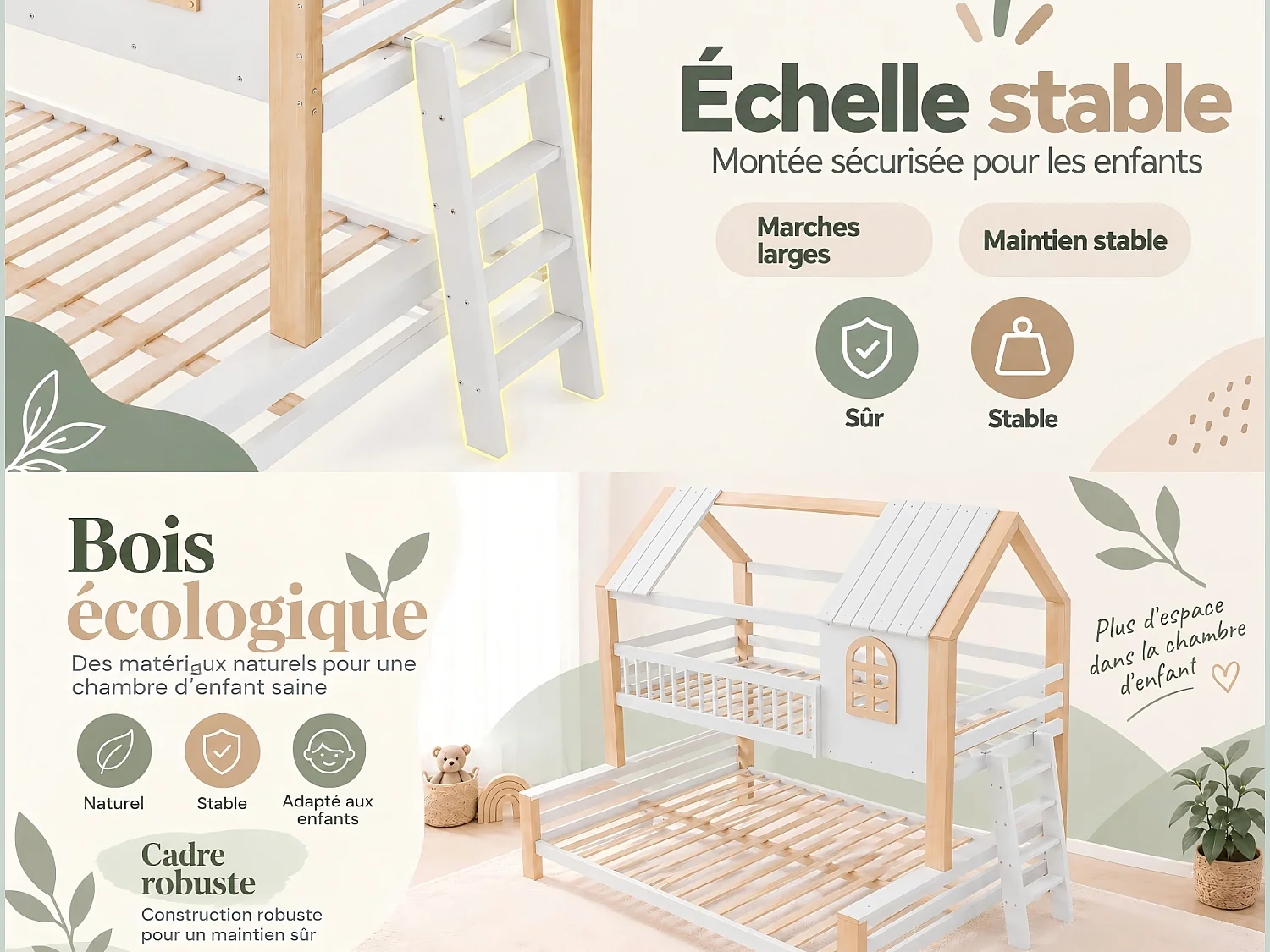 Lit Cabane Superposé Enfant - Lit Cabane Double 140x200 et 90x200 en Bois avec Fenêtre, Barrières de Sécurité et Échelle, Meuble Gain de Place