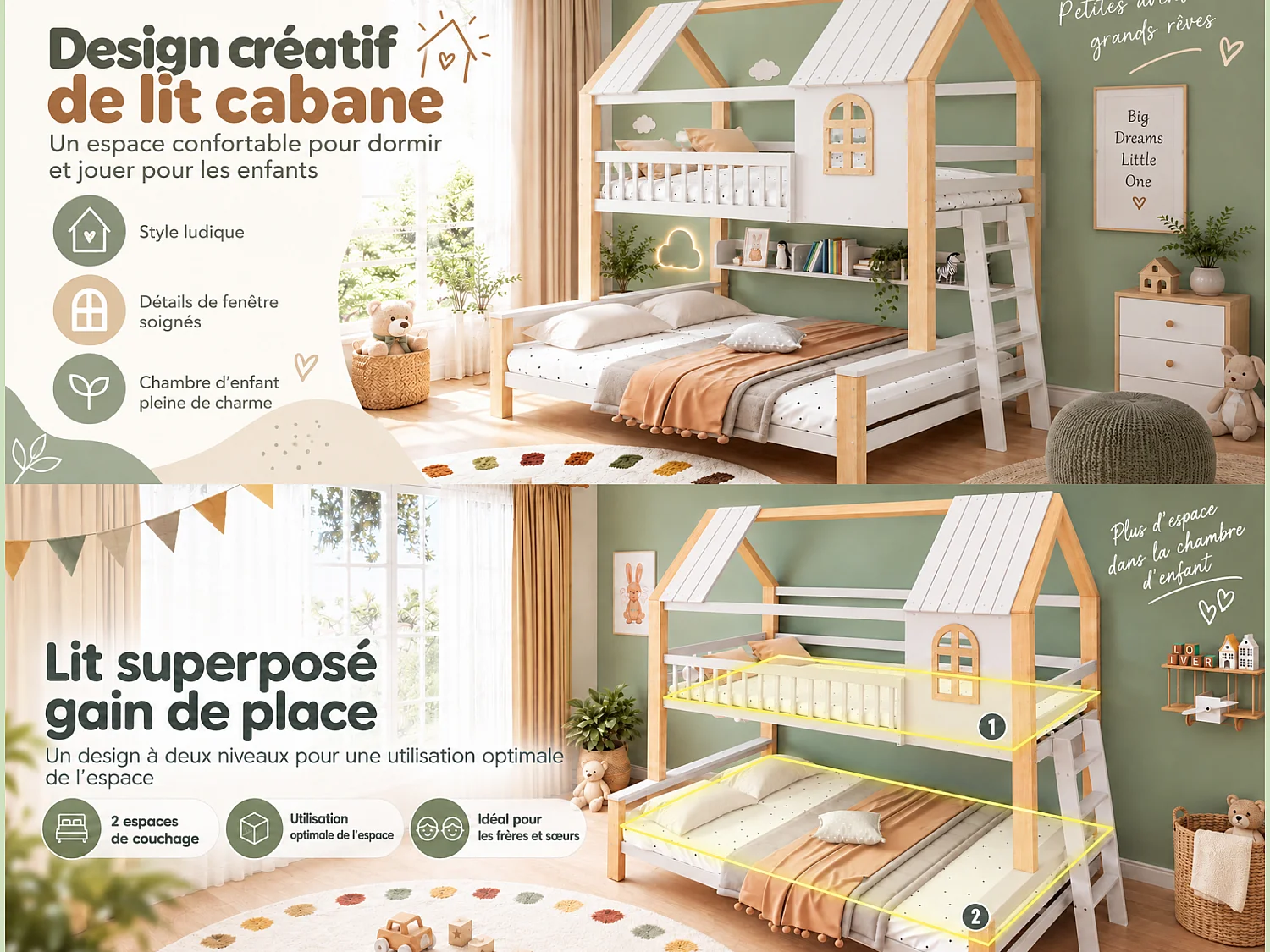 Lit Cabane Superposé Enfant - Lit Cabane Double 140x200 et 90x200 en Bois avec Fenêtre, Barrières de Sécurité et Échelle, Meuble Gain de Place
