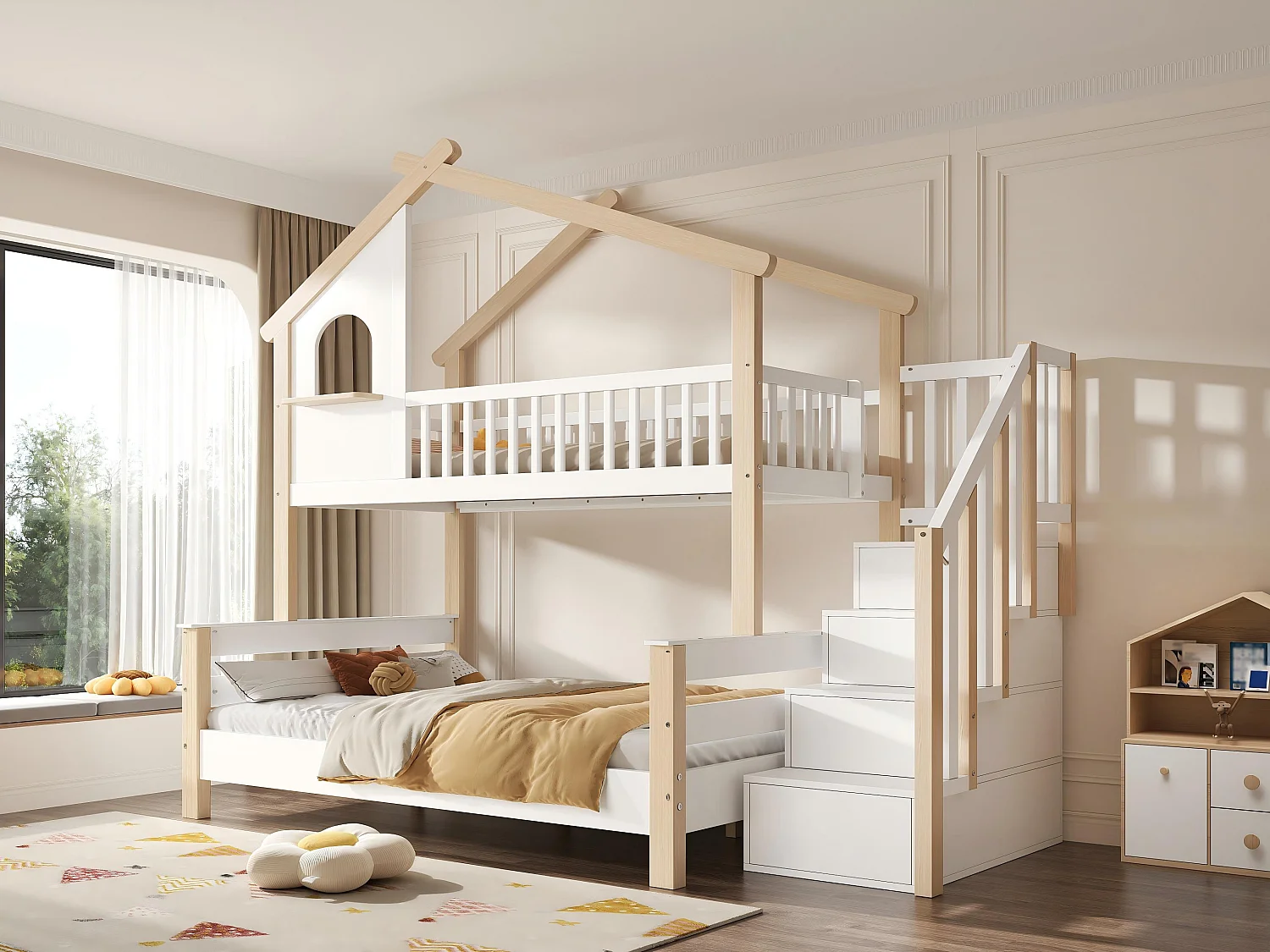 Lit Cabane Superposé Enfant pour Chambre & Partage de Chambre - Lit Double 120x190 et 90x190 en Bois avec Escalier de Rangement et Barrières