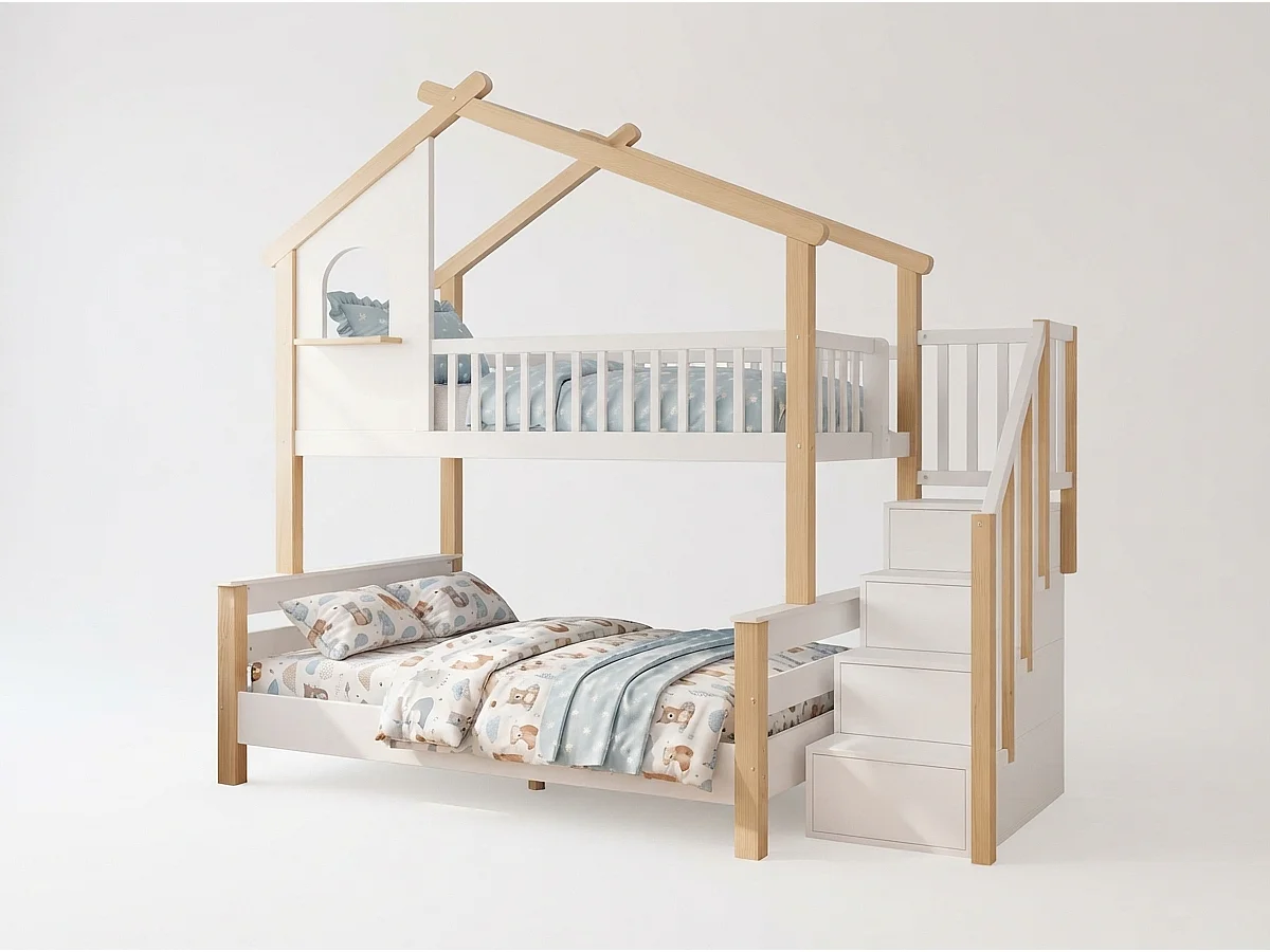 Lit Cabane Superposé Enfant pour Chambre & Partage de Chambre - Lit Double 120x190 et 90x190 en Bois avec Escalier de Rangement et Barrières