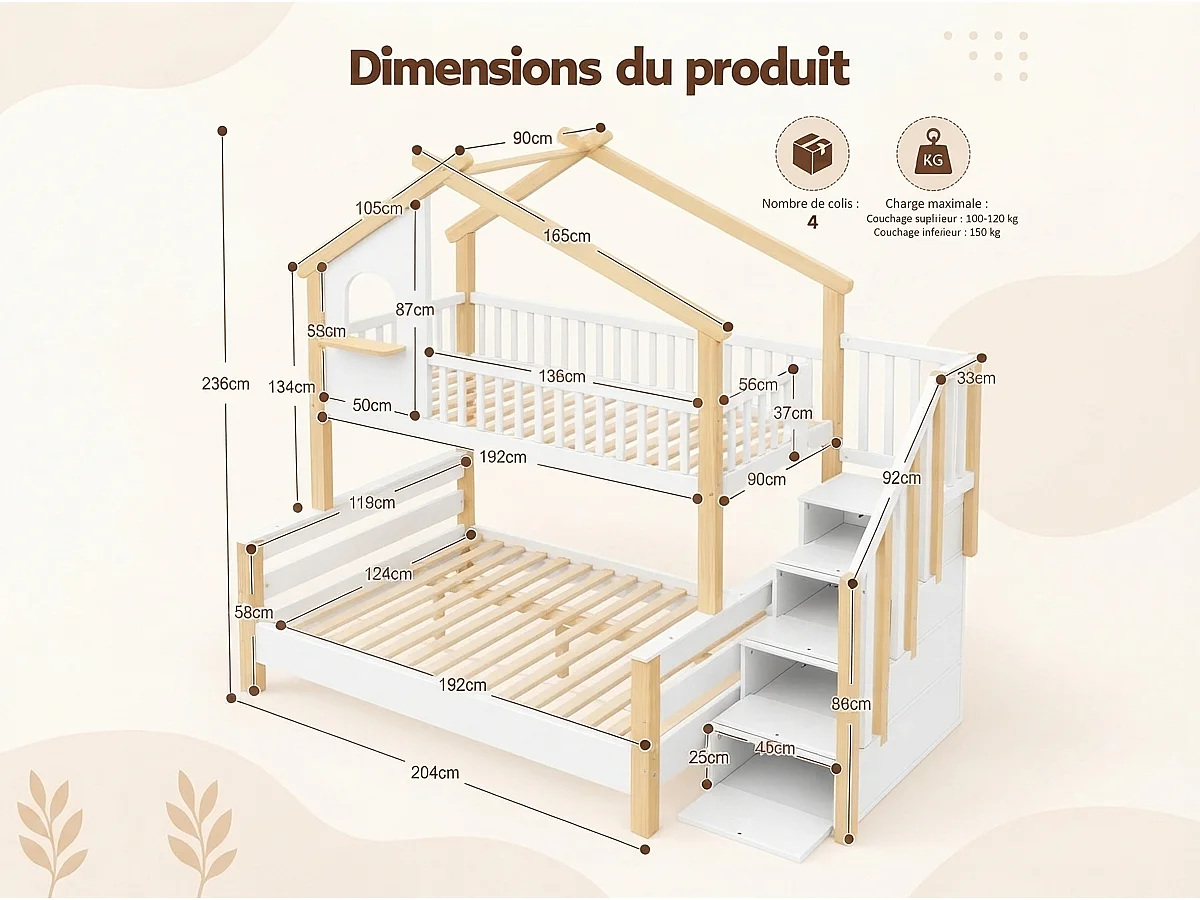 Lit Cabane Superposé Enfant pour Chambre & Partage de Chambre - Lit Double 120x190 et 90x190 en Bois avec Escalier de Rangement et Barrières