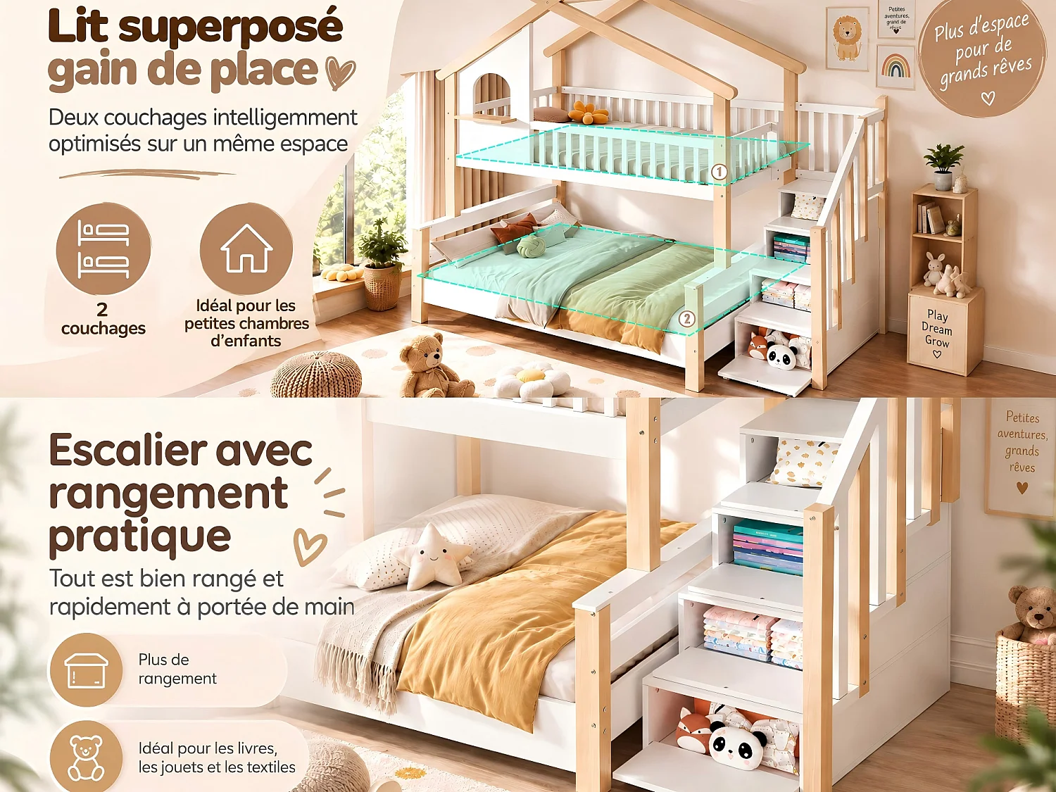 Lit Cabane Superposé Enfant pour Chambre & Partage de Chambre - Lit Double 120x190 et 90x190 en Bois avec Escalier de Rangement et Barrières