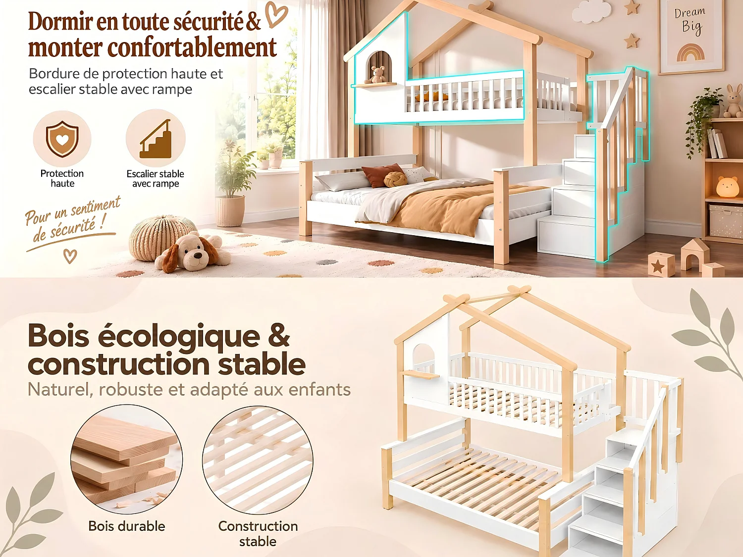 Lit Cabane Superposé Enfant pour Chambre & Partage de Chambre - Lit Double 120x190 et 90x190 en Bois avec Escalier de Rangement et Barrières