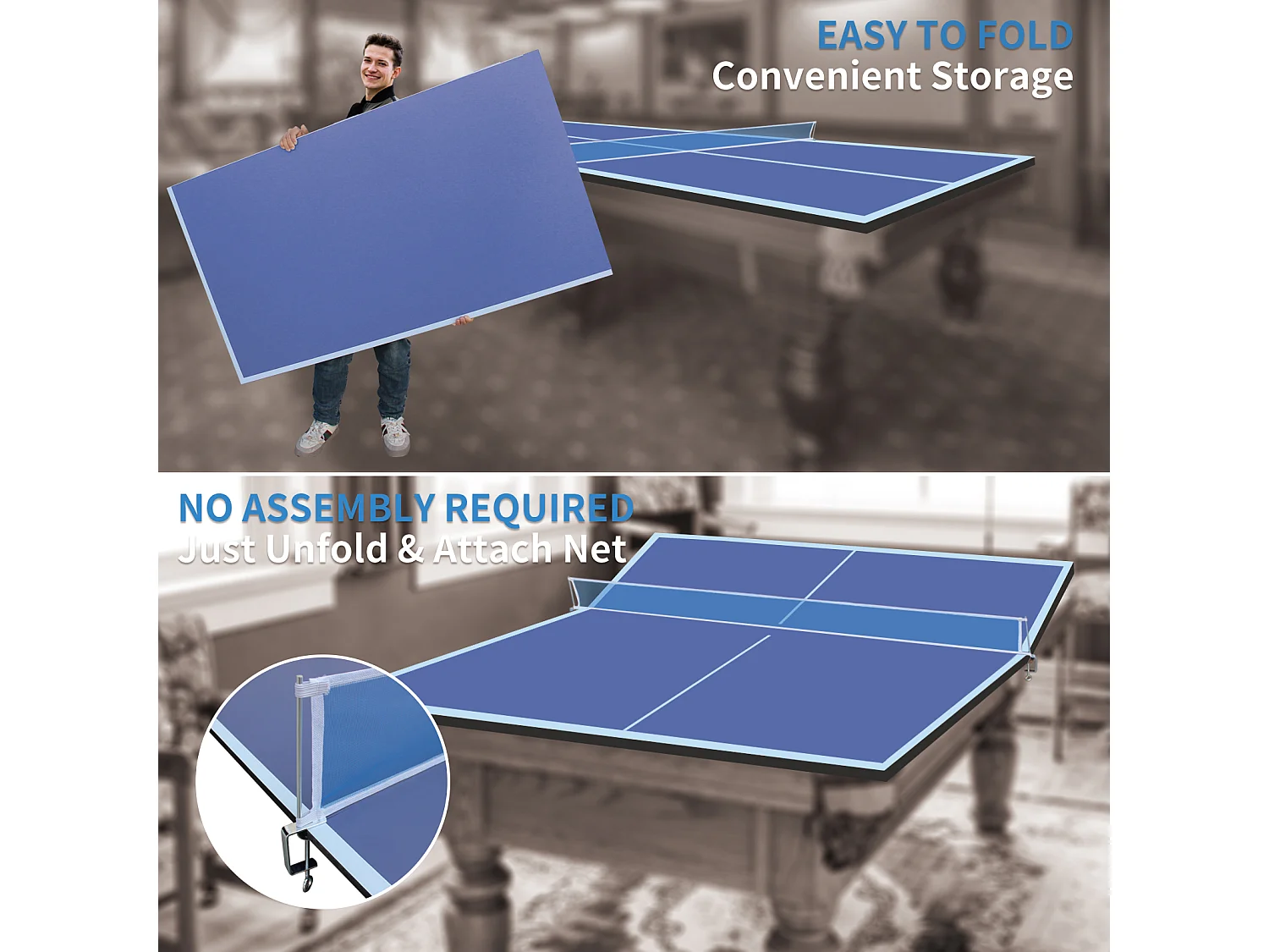 Opvouwbaar en Draagbaar XXL Tafeltennisbladen 243x122 cm - Uitneembaar Blauw MDF Paneel voor Binnen en Buiten