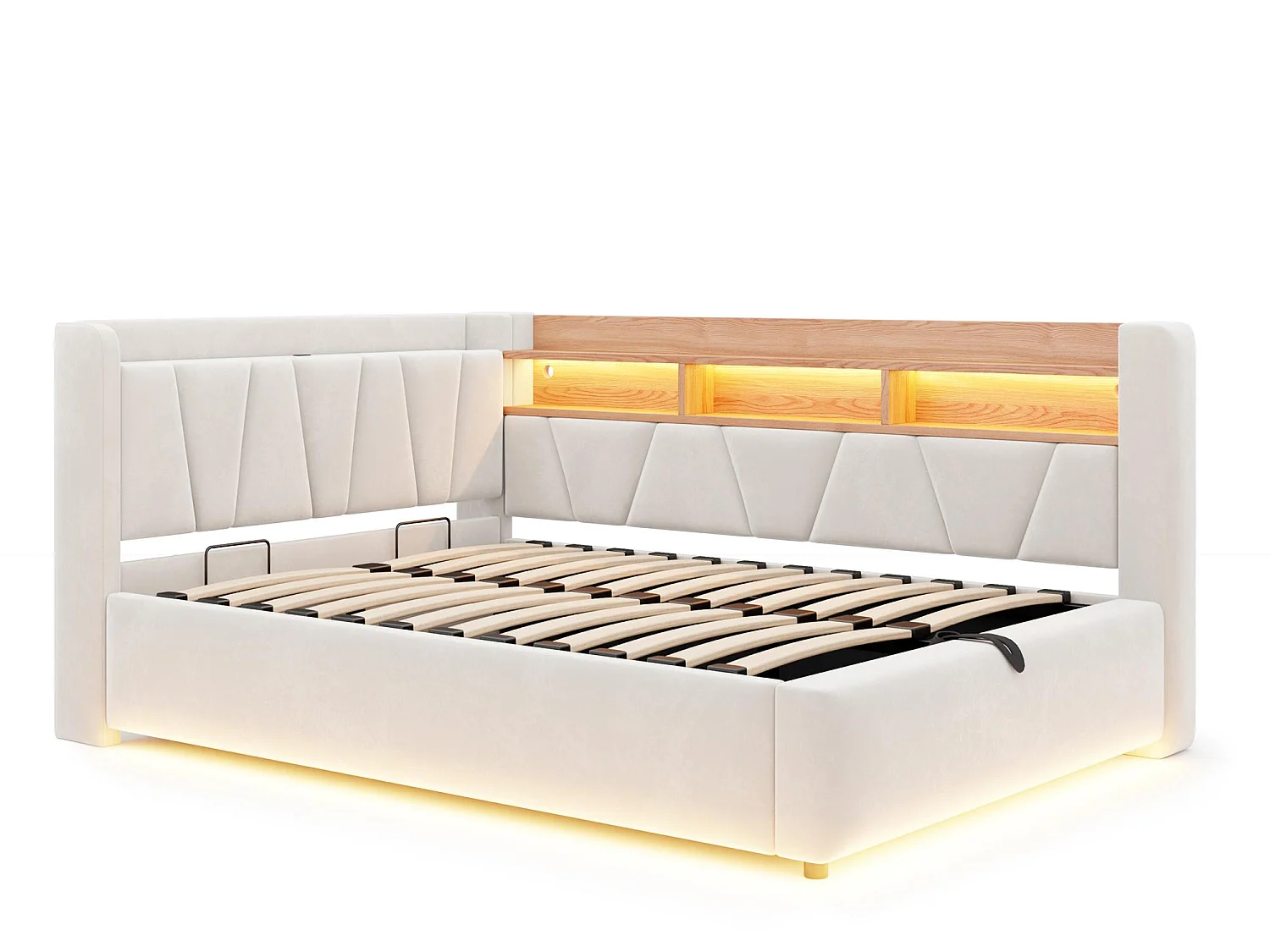 Lit Coffre Rembourré Velours avec Éclairage LED, Prise USB et Rangement Hydraulique - Lit Adulte et Enfant L-Forme Beige - 140x200