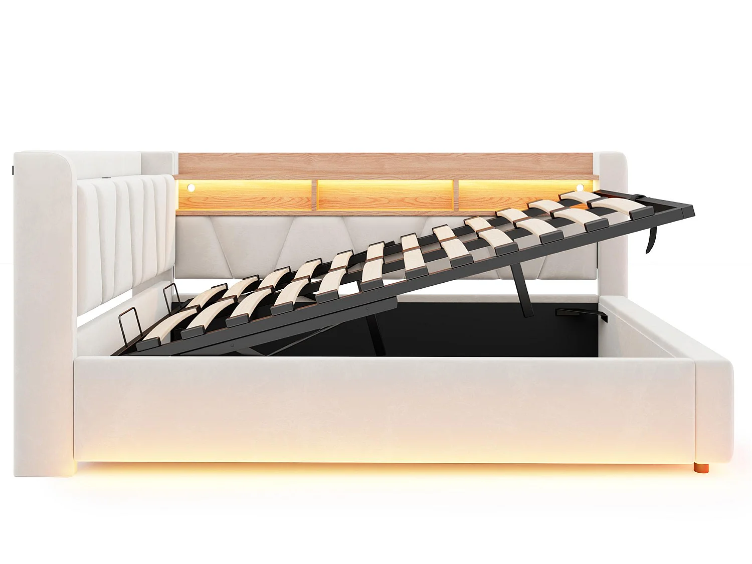 Lit Coffre Rembourré Velours avec Éclairage LED, Prise USB et Rangement Hydraulique - Lit Adulte et Enfant L-Forme Beige - 140x200