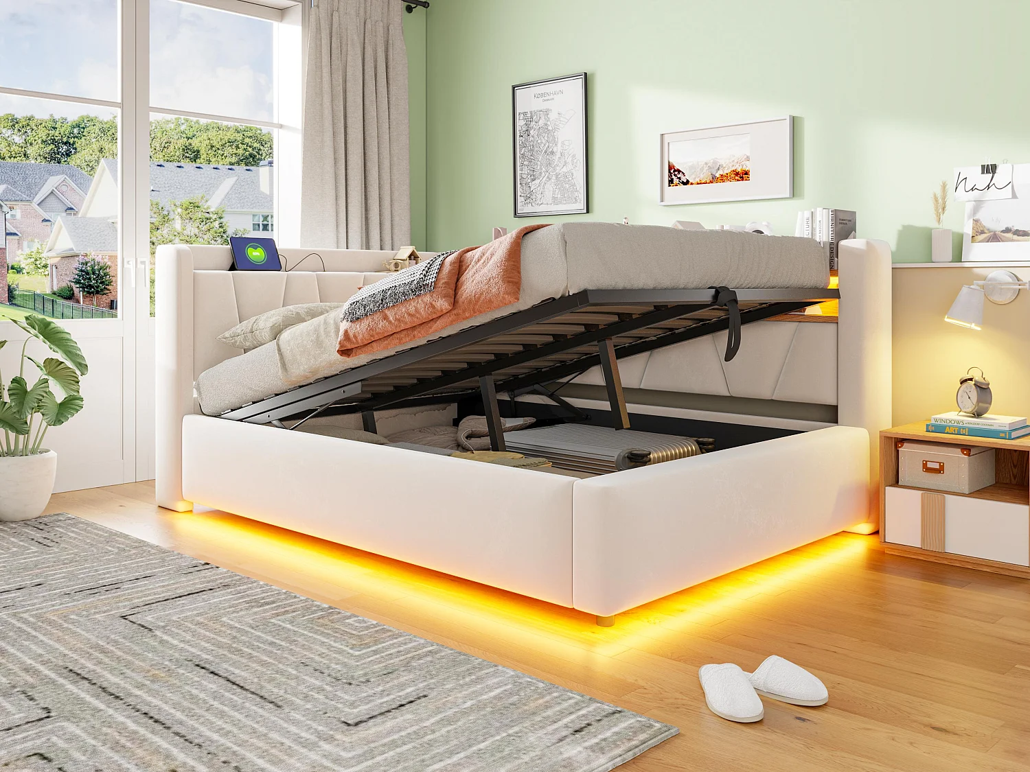 Lit Coffre Rembourré Velours avec Éclairage LED, Prise USB et Rangement Hydraulique - Lit Adulte et Enfant L-Forme Beige - 140x200