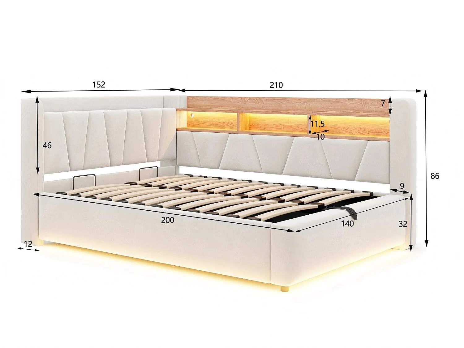 Lit Coffre Rembourré Velours avec Éclairage LED, Prise USB et Rangement Hydraulique - Lit Adulte et Enfant L-Forme Beige - 140x200