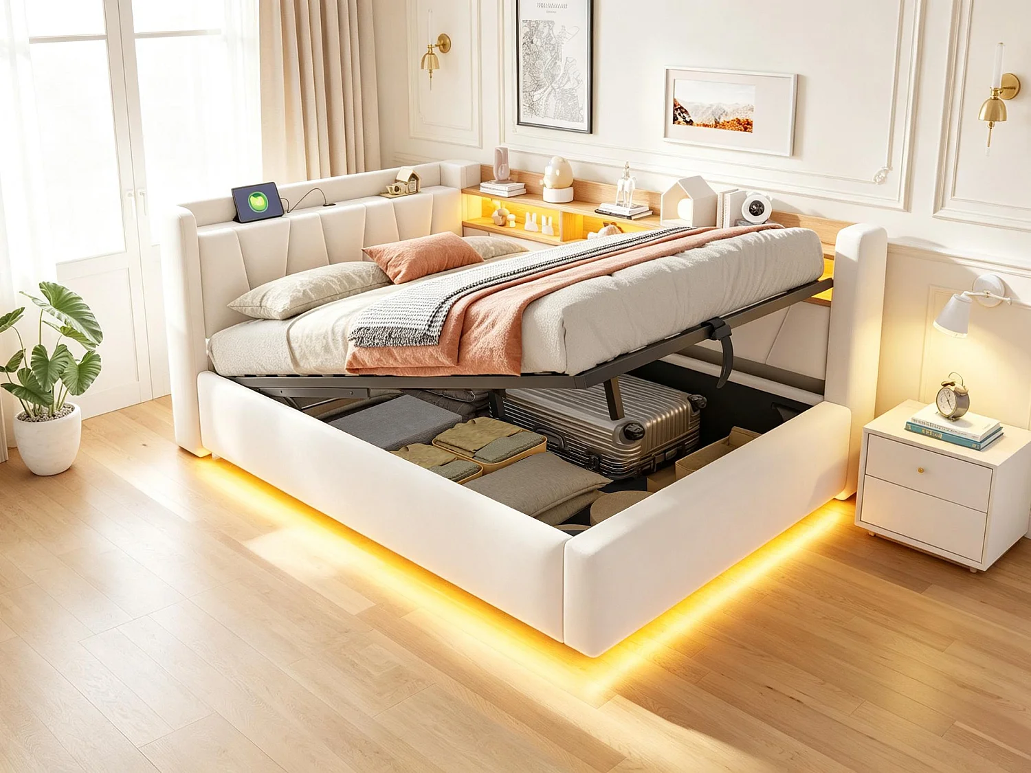 Lit Coffre Rembourré Velours avec Éclairage LED, Prise USB et Rangement Hydraulique - Lit Adulte et Enfant L-Forme Beige - 140x200