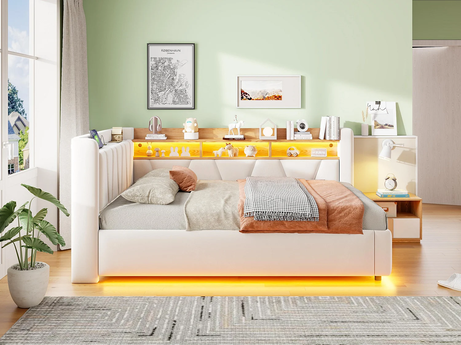 Lit Coffre Rembourré Velours avec Éclairage LED, Prise USB et Rangement Hydraulique - Lit Adulte et Enfant L-Forme Beige - 140x200