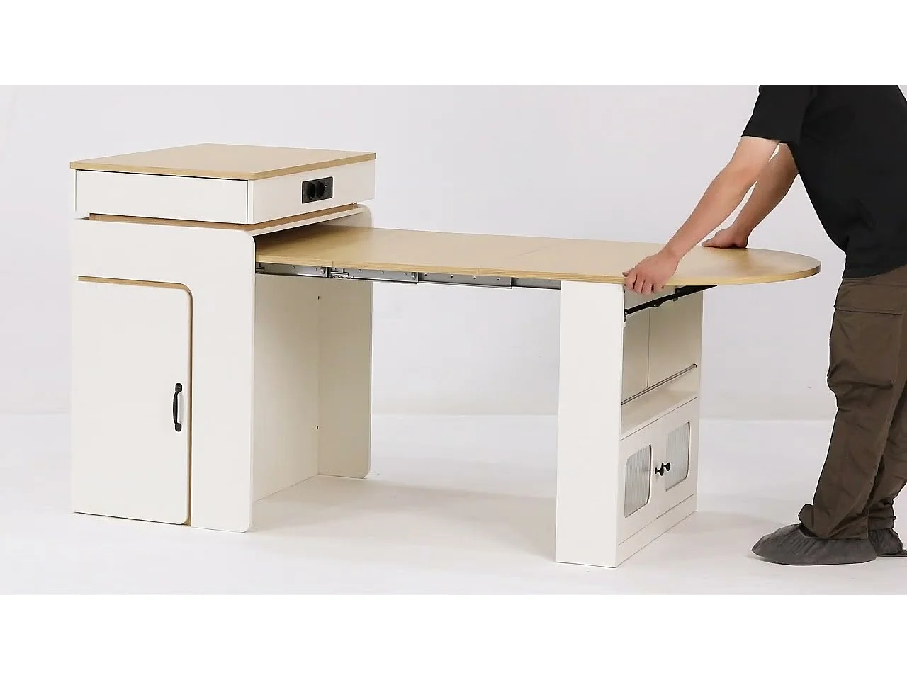 Îlot Central Cuisine Extensible avec Table, Station de Charge & LED - Meuble de Cuisine Multifonctionnel en MDF et PB avec Rangements
