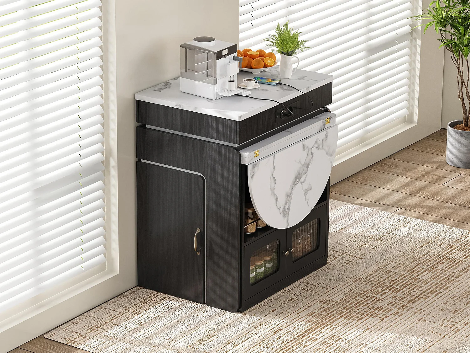 Îlot Central Cuisine Extensible avec Table, Station de Charge & LED - Meuble de Cuisine Multifonctionnel en MDF et PB avec Rangements