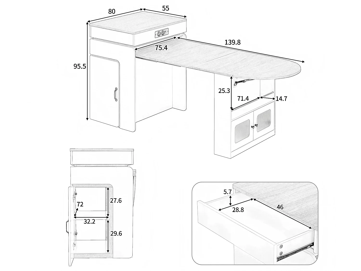 Îlot Central Cuisine Extensible avec Table, Station de Charge & LED - Meuble de Cuisine Multifonctionnel en MDF et PB avec Rangements