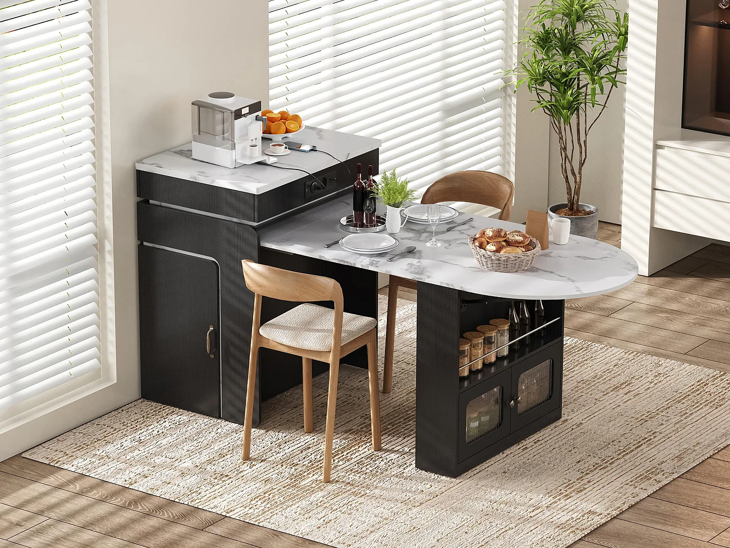 Îlot Central Cuisine Extensible avec Table, Station de Charge & LED - Meuble de Cuisine Multifonctionnel en MDF et PB avec Rangements