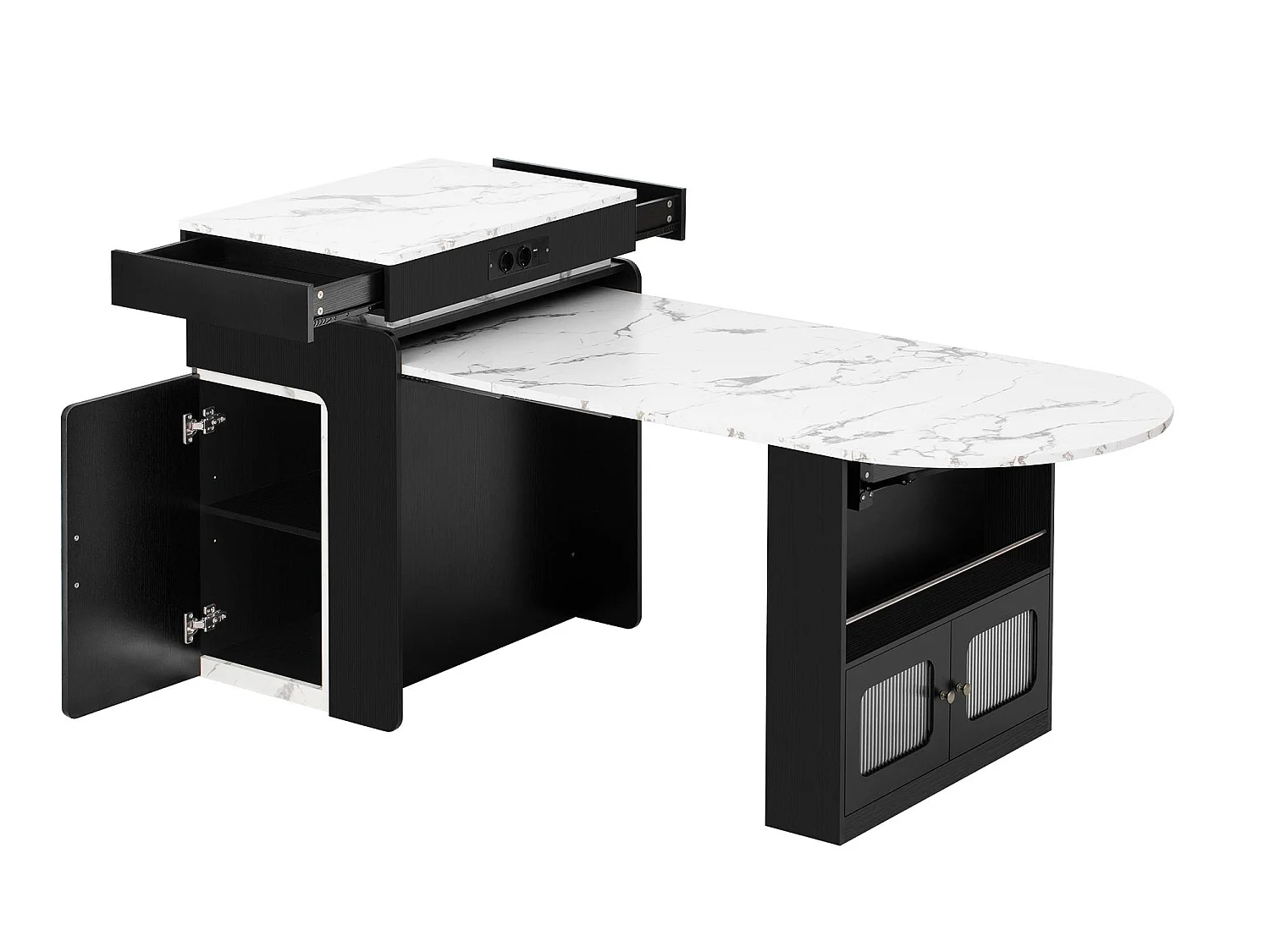 Îlot Central Cuisine Extensible avec Table, Station de Charge & LED - Meuble de Cuisine Multifonctionnel en MDF et PB avec Rangements
