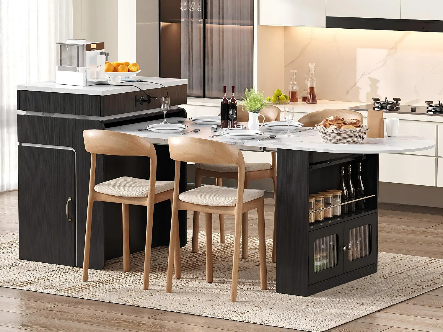 Îlot Central Cuisine Extensible avec Table, Station de Charge & LED - Meuble de Cuisine Multifonctionnel en MDF et PB avec Rangements