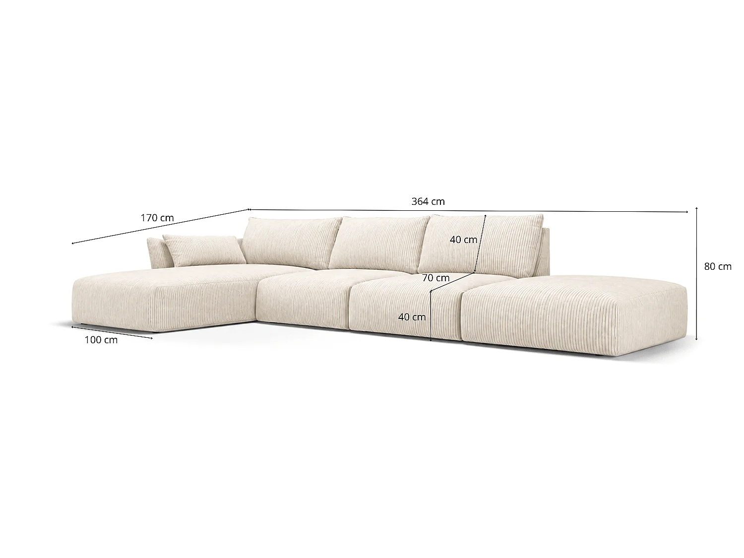 BONS Ecksofa mit Hocker modular beige 364x170 cm POSO 2 Cordstoff links