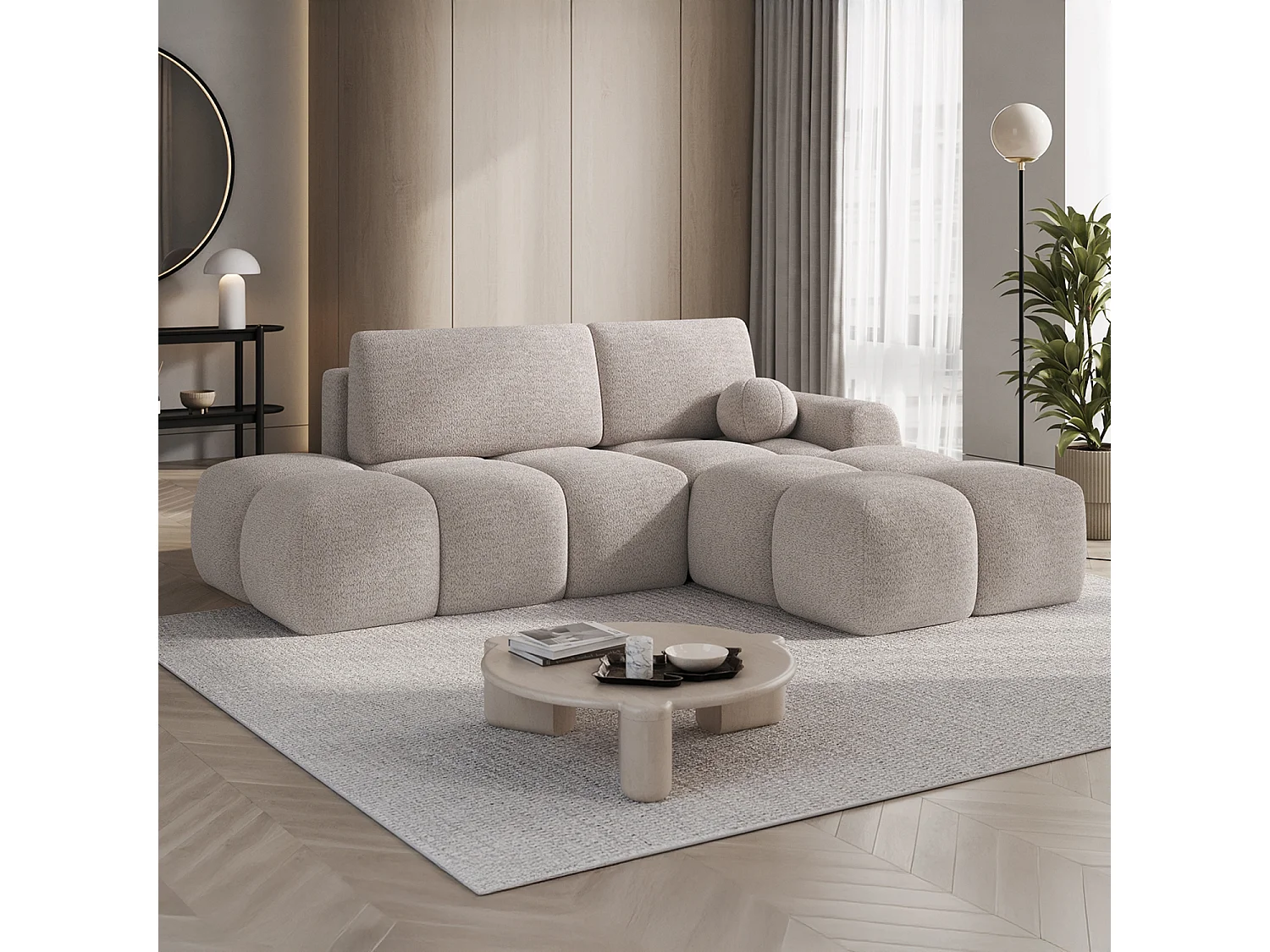 Canapé d'angle droit convertible César bouclette Beige