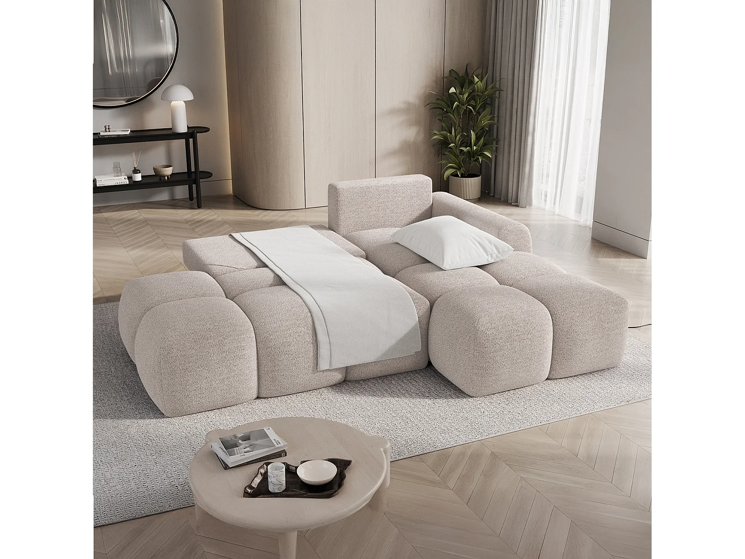 Canapé d'angle droit convertible César bouclette Beige