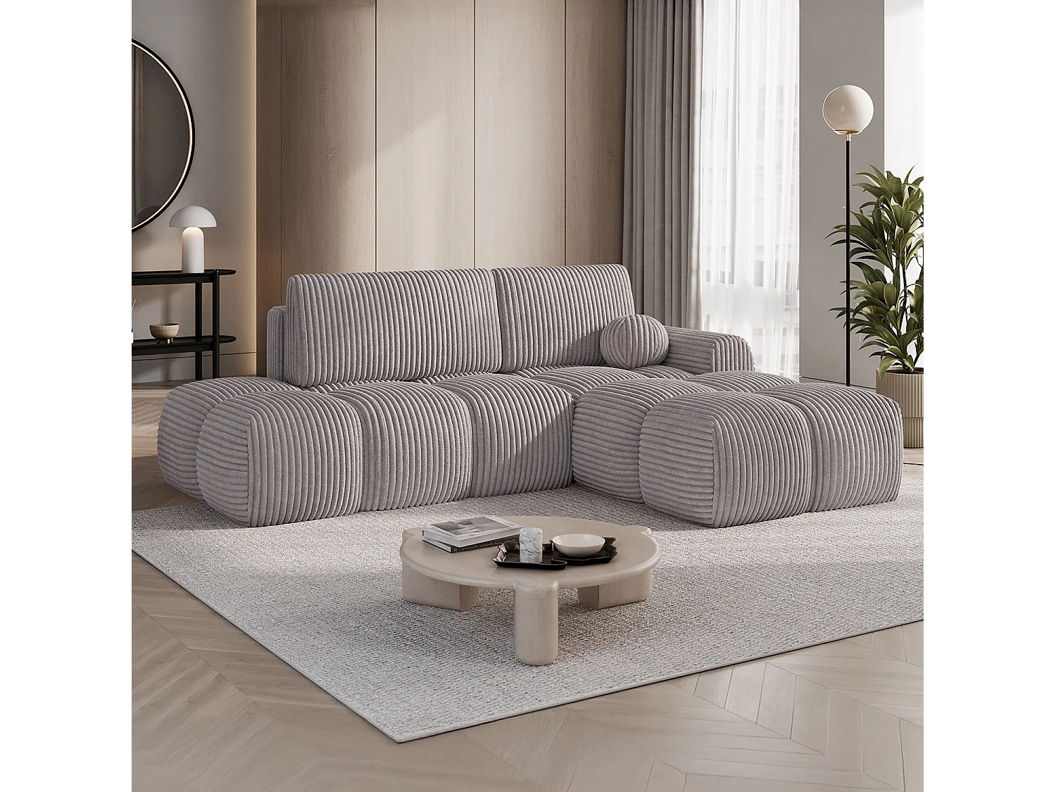 Canapé d'angle droit convertible César velours côtelé Gris