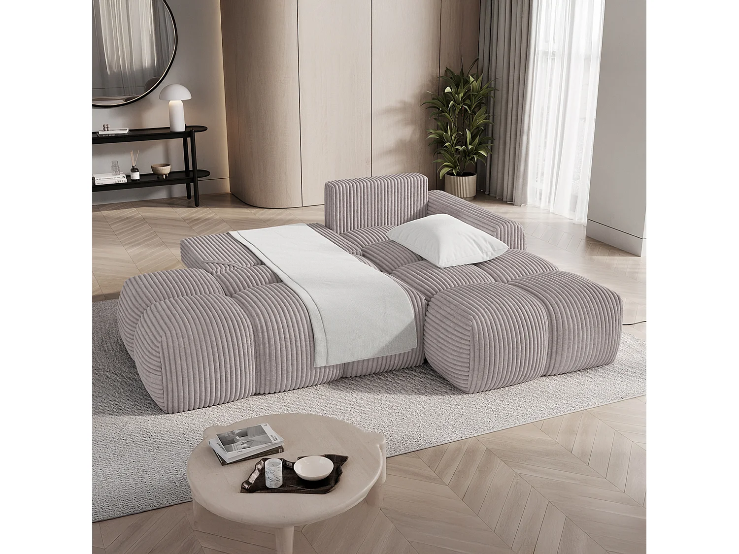 Canapé d'angle droit convertible César velours côtelé Gris
