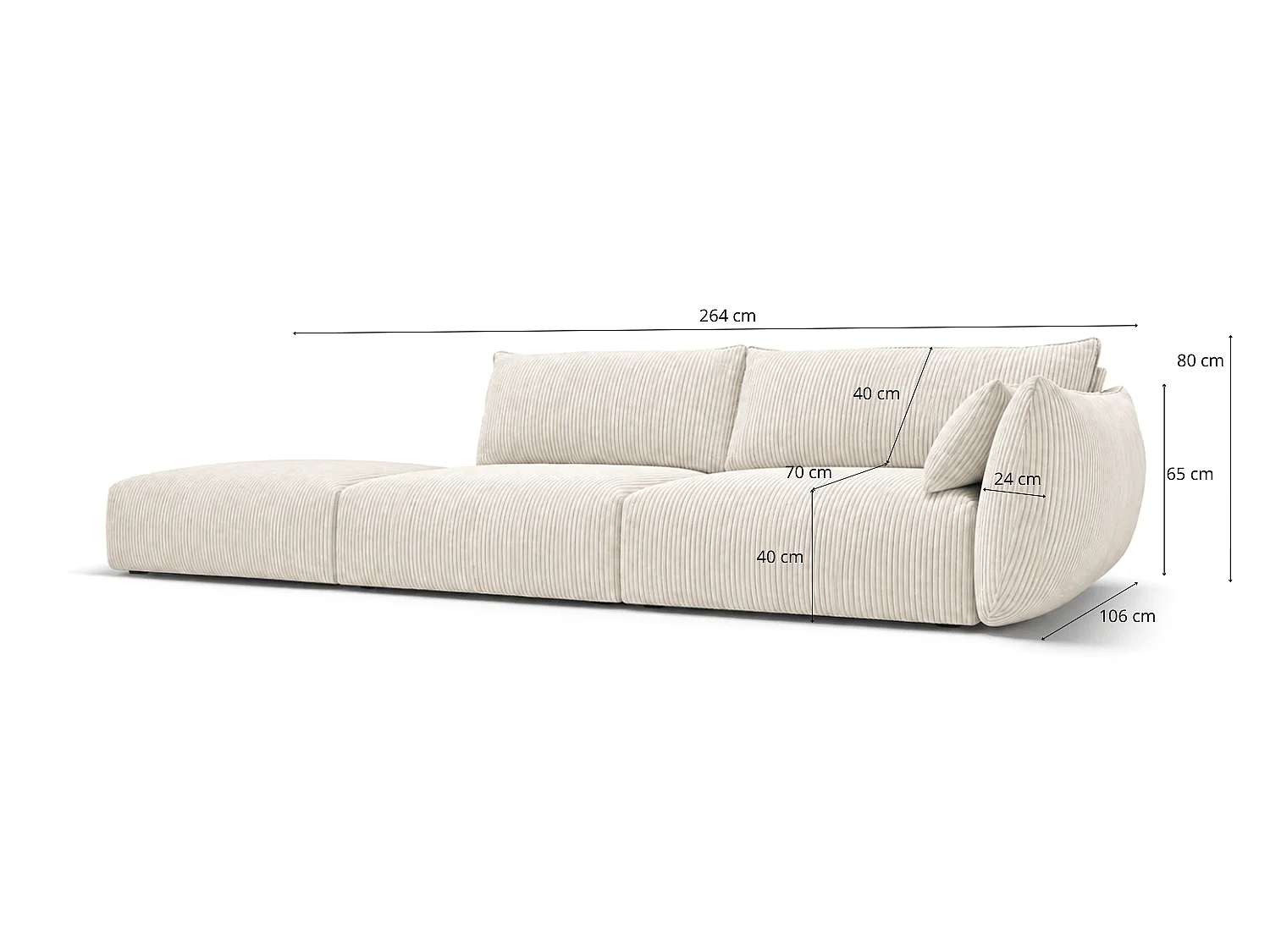 BONS Sofa mit Hocker modular creme 264x106 cm POSO 38 Cordstoff links