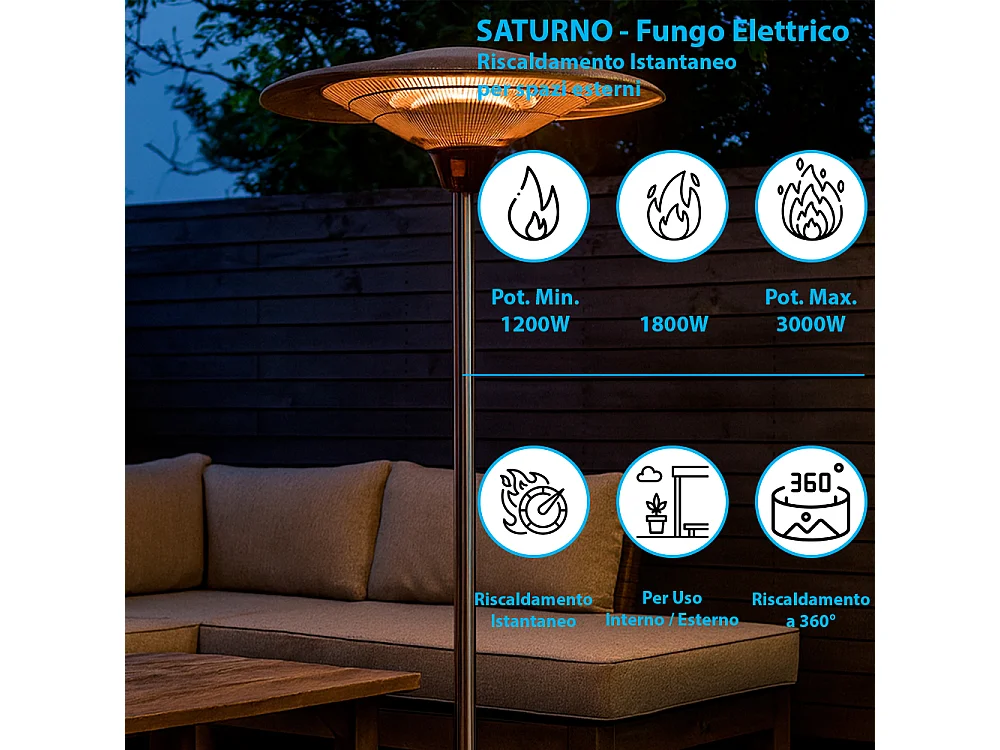 Tempo Style - Stufa Elettrica SATURNO | Fungo Riscaldante ad Infrarossi (3000W) dal Design Elegante | Ideale per Esterno/Interno (Alluminio)