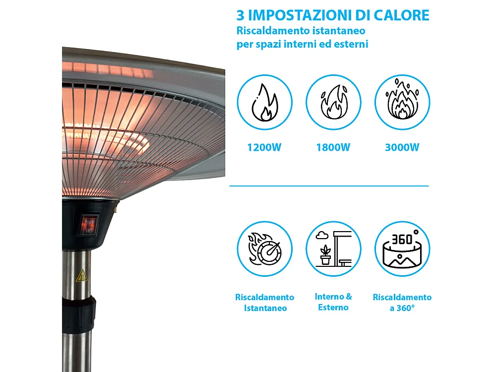 Tempo Style - Stufa Elettrica SATURNO | Fungo Riscaldante ad Infrarossi (3000W) dal Design Elegante | Ideale per Esterno/Interno (Alluminio)