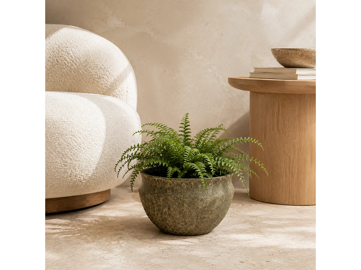 Tempo Style - Vaso Tondo Basso in Cemento Verde da Interno ed Esterno | Ciotola Effetto Pietra per Giardino e Terrazzo | Ø 31 x 20,5 cm