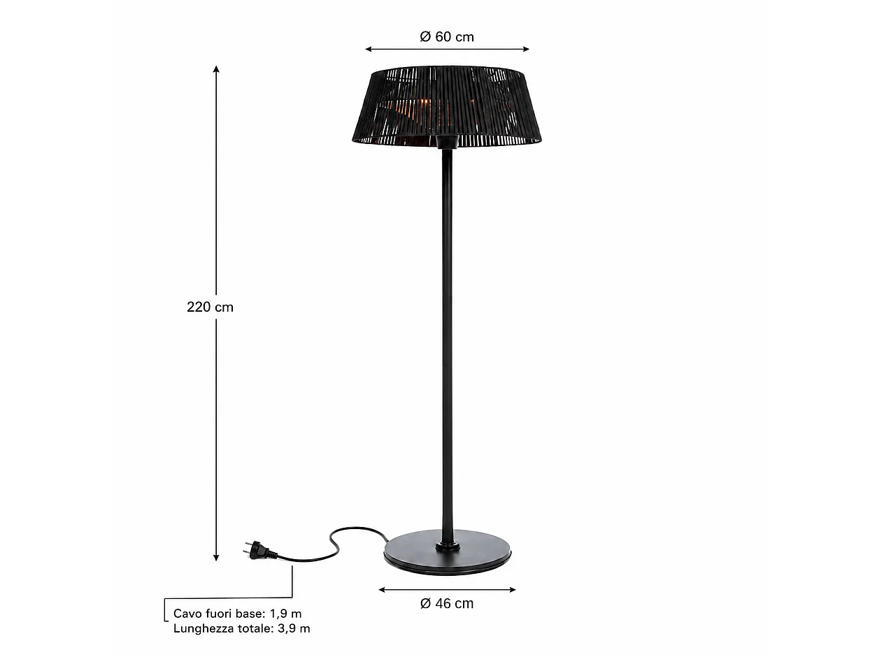 Tempo Style - Fungo Riscaldante Elettrico da Esterno Sirio 3kW Nero | Lampada Alogena con Paralume e Cover, IPX4 per Terrazzo e Dehors | H 220 cm