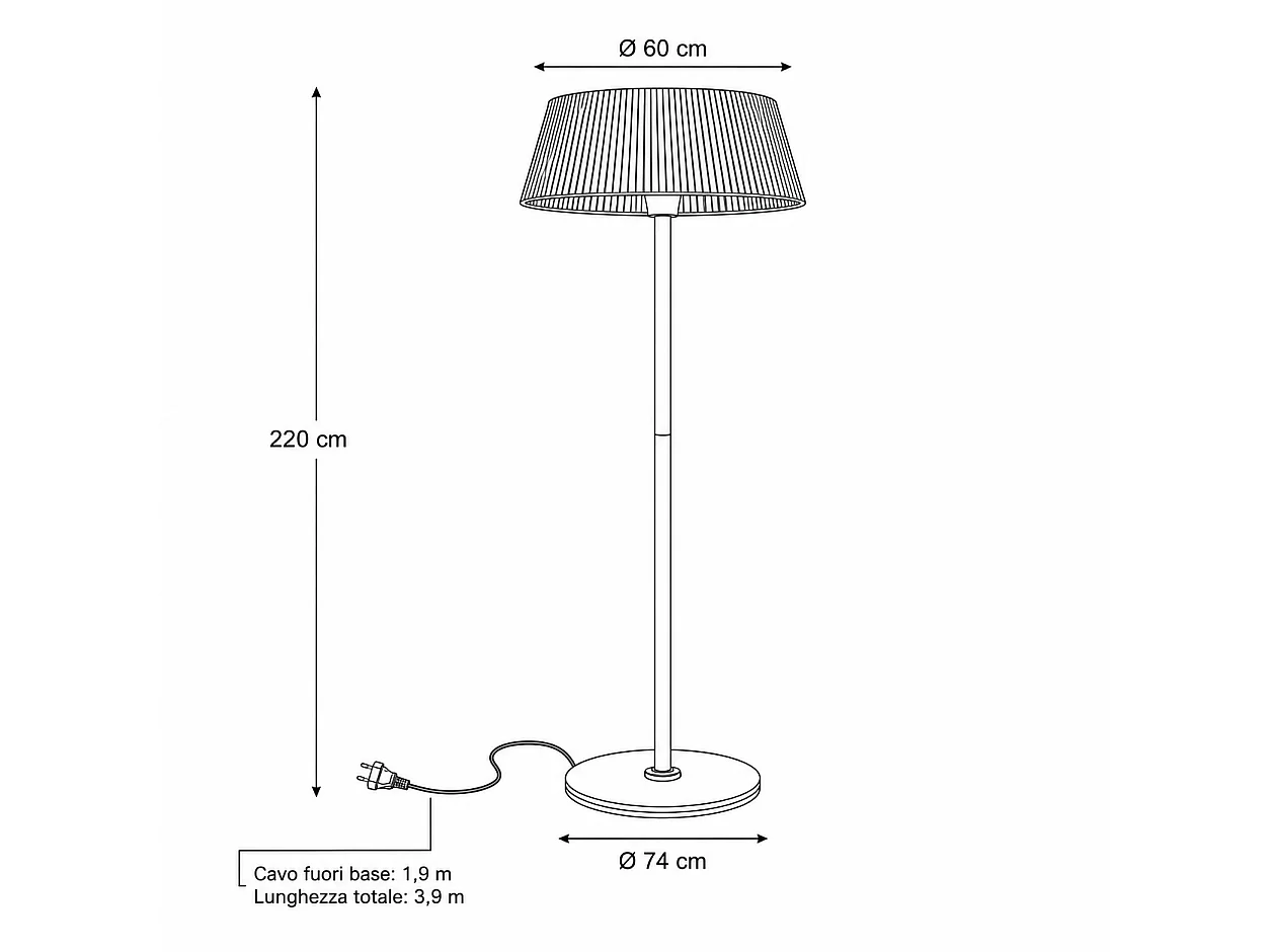 Tempo Style - Fungo Riscaldante Elettrico da Esterno Sirio 3kW Nero | Lampada Alogena con Paralume e Cover, IPX4 per Terrazzo e Dehors | H 220 cm
