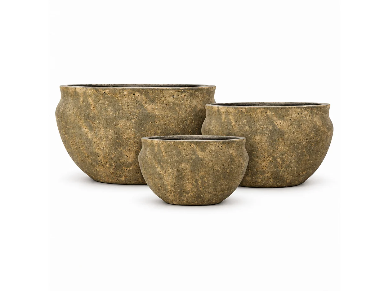 Tempo Style - Set di 3 Vasi Tondi Bassi in Cemento Verde da Interno ed Esterno | Ciotole Effetto Pietra per Giardino | Ø 31, 41,5 e 51,5 cm