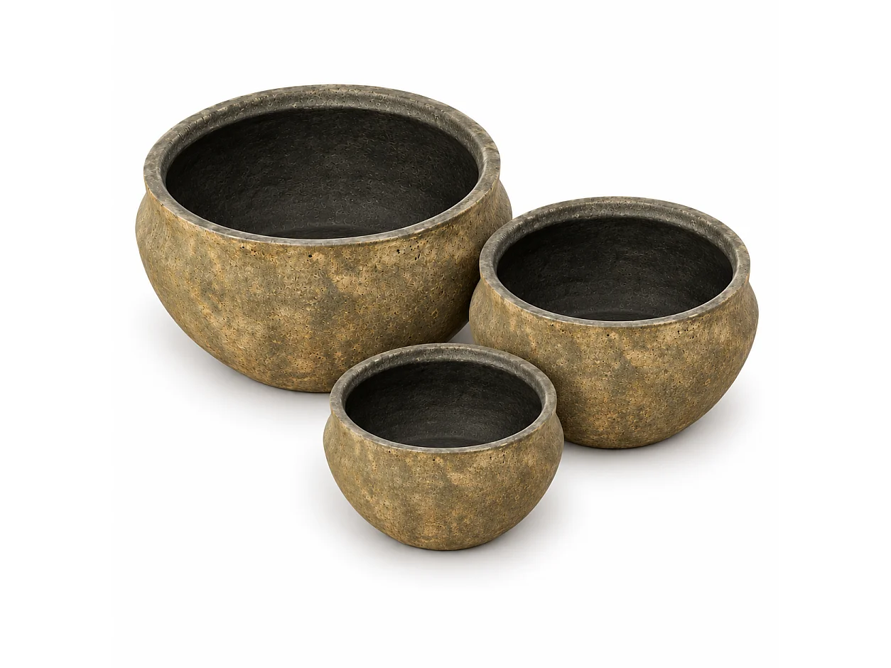 Tempo Style - Set di 3 Vasi Tondi Bassi in Cemento Verde da Interno ed Esterno | Ciotole Effetto Pietra per Giardino | Ø 31, 41,5 e 51,5 cm