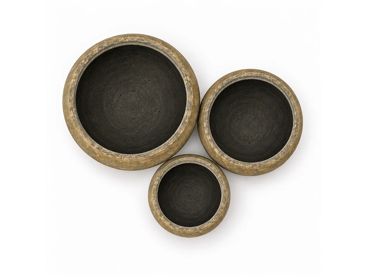 Tempo Style - Set di 3 Vasi Tondi Bassi in Cemento Verde da Interno ed Esterno | Ciotole Effetto Pietra per Giardino | Ø 31, 41,5 e 51,5 cm