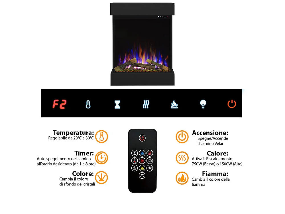 Tempo Style - Caminetto elettrico CALLIOPE Nero con Cassa Bluetooth integrata | Effetto fuoco reale 750 - 1.500 W