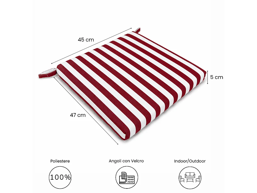 Tempo Style - Cuscino seduta per sedia 45x47cm con velcro in poliestere – Bordeaux/Bianco