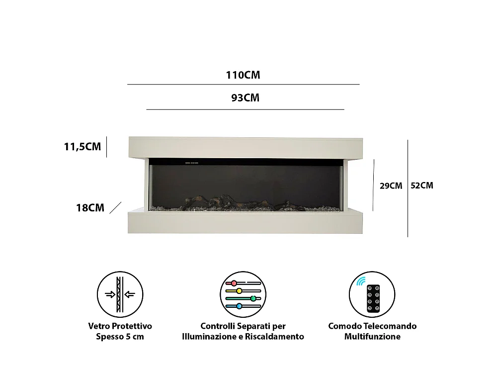 Tempo Style - Camino elettrico ALARO | Stufa ventilata a parete da incasso a basso consumo, con telecomando, timer, decorazioni (Bianco, 110cm)