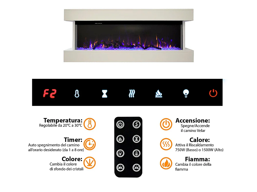 Tempo Style - Camino elettrico ALARO | Stufa ventilata a parete da incasso a basso consumo, con telecomando, timer, decorazioni (Bianco, 110cm)