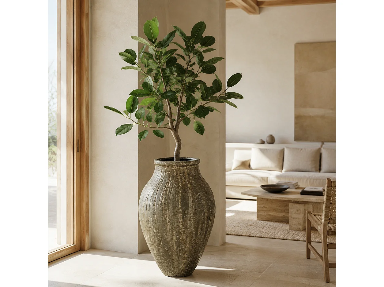 Tempo Style - Vaso ad Anfora Grande in Cemento Verde da Interno ed Esterno | Effetto Pietra per Giardino, Terrazzo e Ingresso | Ø 69 x 95 cm