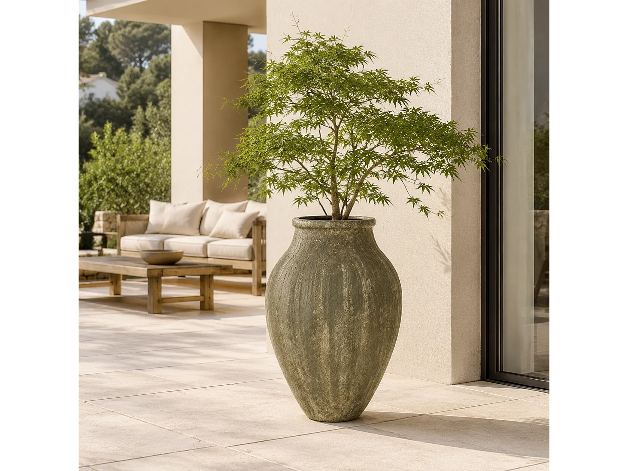 Tempo Style - Vaso ad Anfora Grande in Cemento Verde da Interno ed Esterno | Effetto Pietra per Giardino, Terrazzo e Ingresso | Ø 69 x 95 cm