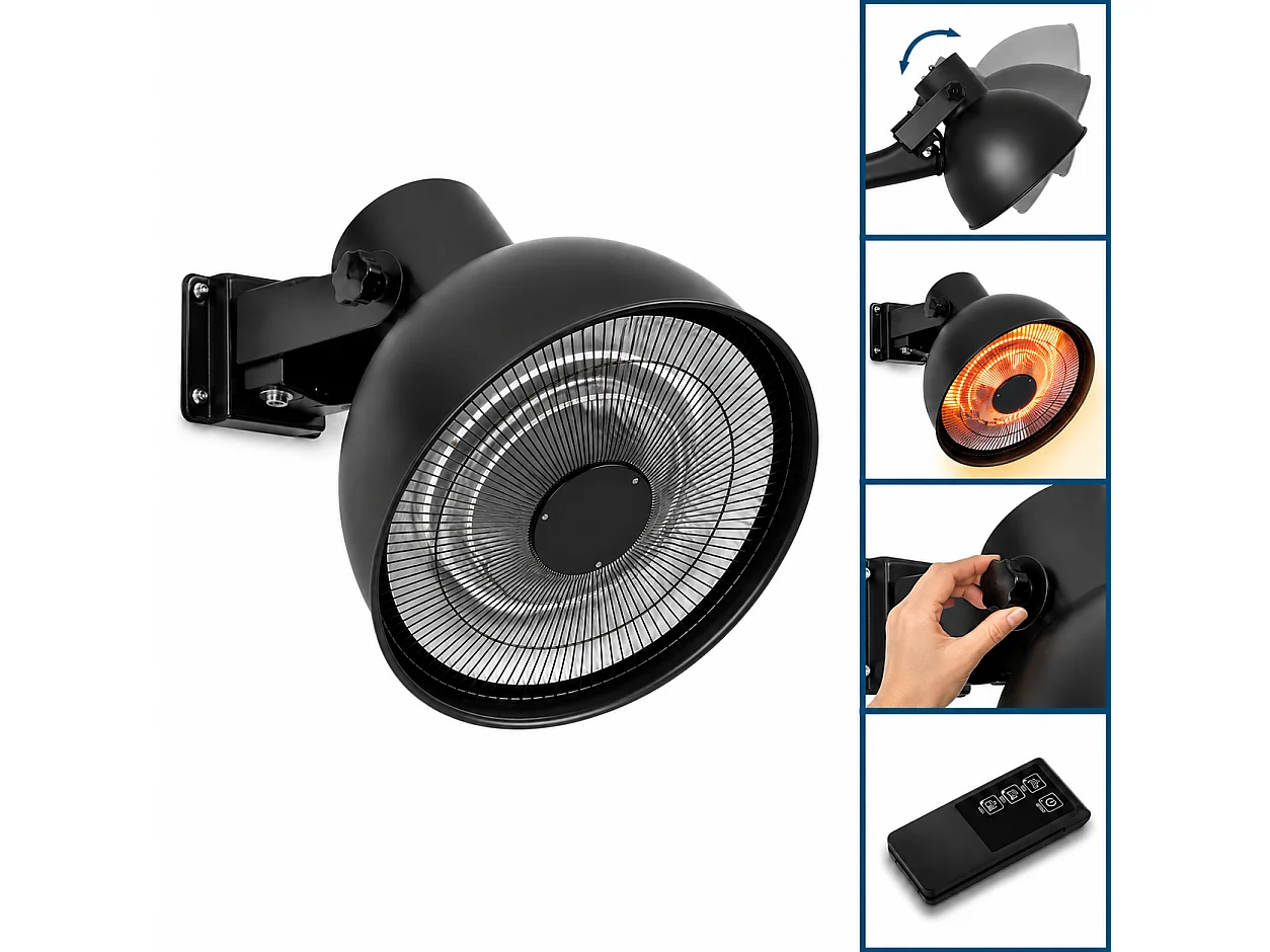 Tempo Style – Elektrischer Wand-Heizstrahler für den Außenbereich Vega 3000 W Schwarz | Schwenkbare Halogenlampe mit WLAN, Fernbedienung und Abdeckung, IPX4
