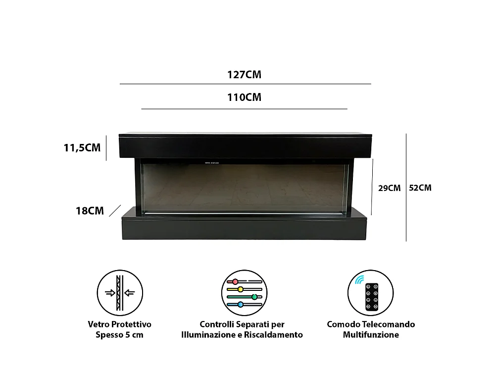Tempo Style - Camino elettrico ALARO PLUS | Stufa ventilata a parete da incasso a basso consumo, con telecomando, timer, decorazioni (Nero, 128cm)