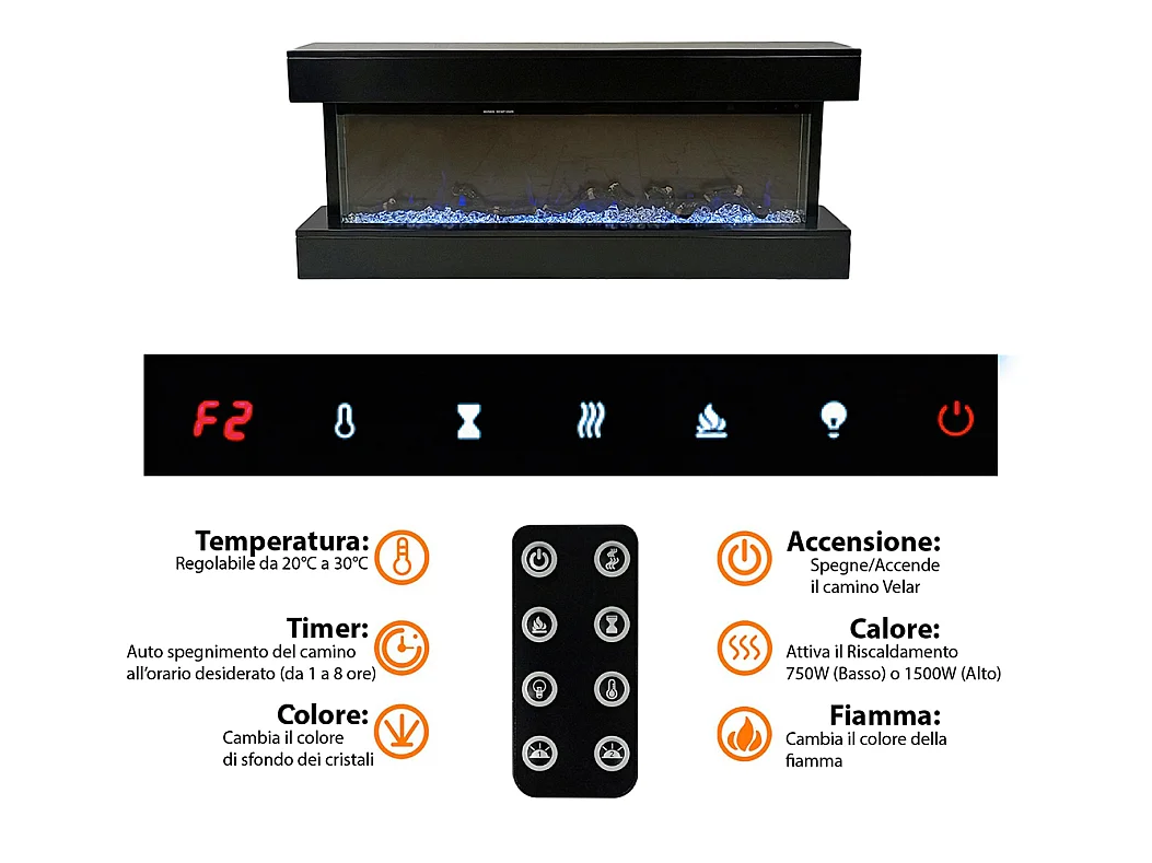 Tempo Style - Camino elettrico ALARO PLUS | Stufa ventilata a parete da incasso a basso consumo, con telecomando, timer, decorazioni (Nero, 128cm)
