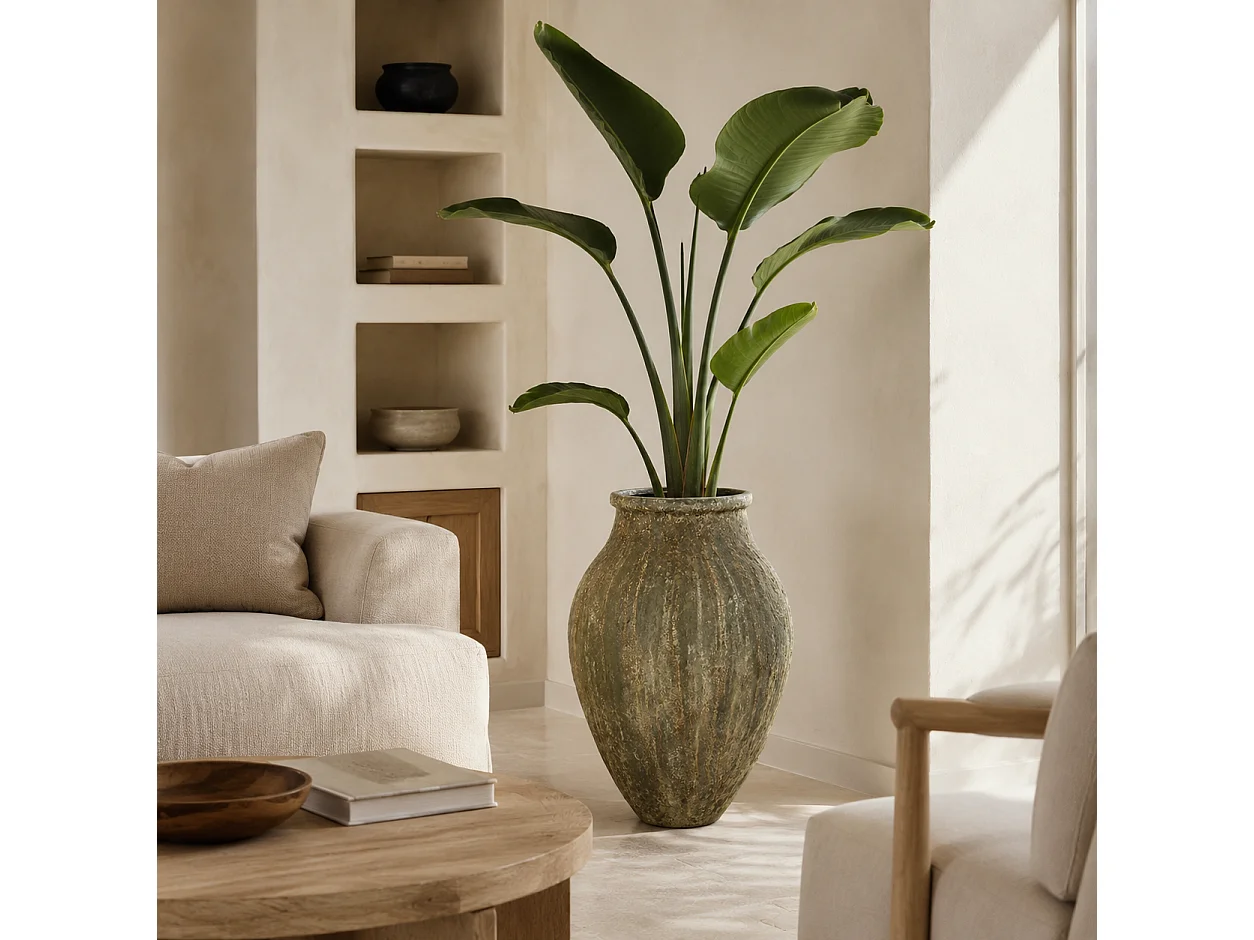 Tempo Style - Vaso ad Anfora Grande in Cemento Verde da Interno ed Esterno | Effetto Pietra per Giardino, Terrazzo e Ingresso | Ø 55 x 78 cm