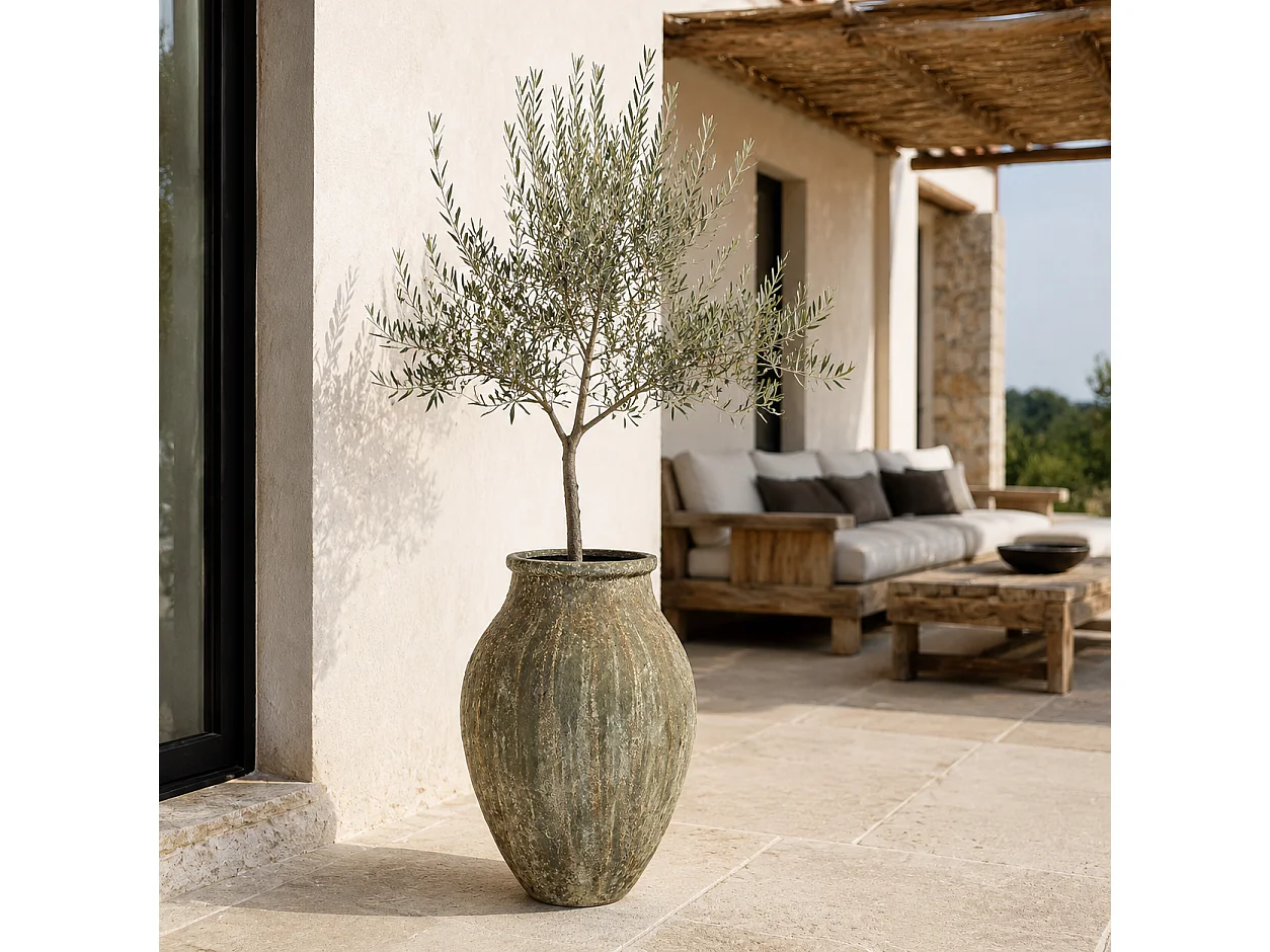 Tempo Style - Vaso ad Anfora Grande in Cemento Verde da Interno ed Esterno | Effetto Pietra per Giardino, Terrazzo e Ingresso | Ø 55 x 78 cm