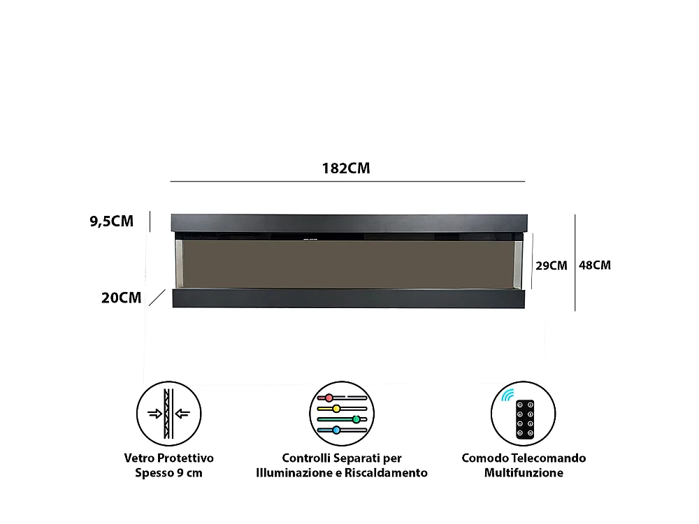 Tempo Style - Camino elettrico VELAR | Stufa ventilata a parete da incasso a basso consumo, con telecomando, timer, decorazioni (Nero, 182cm)